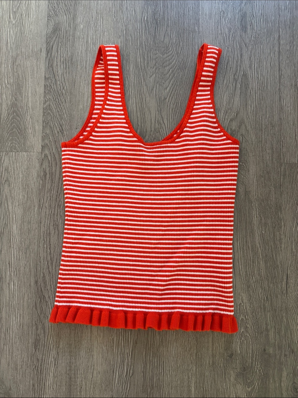 Orange and White Striped Ruffle-Hem Knit Tank Top